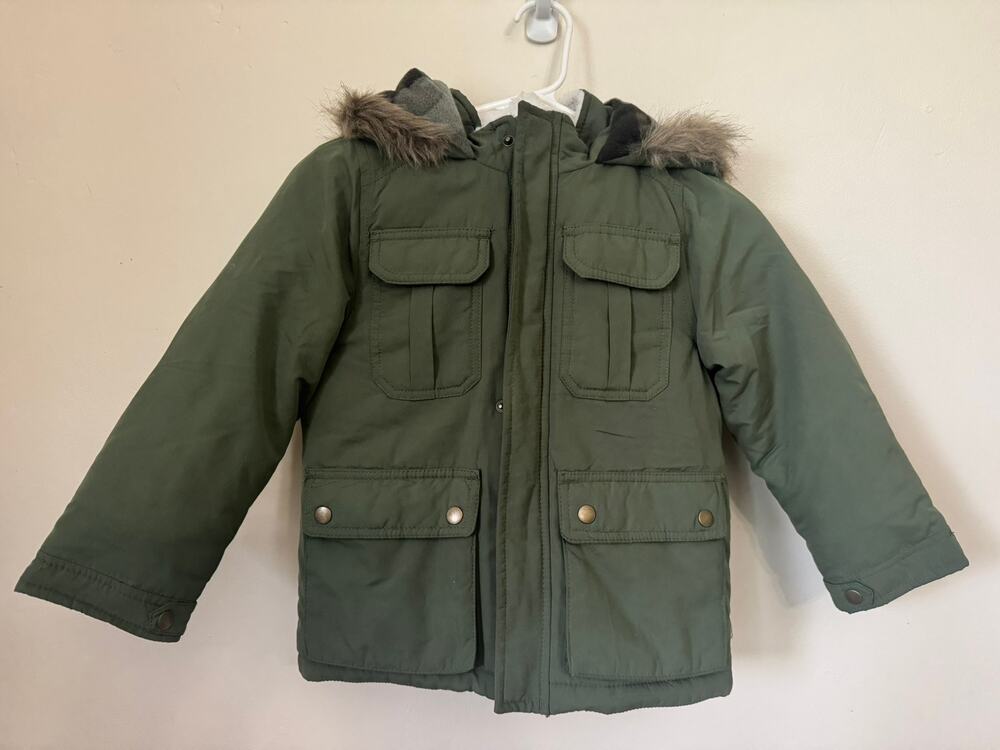 Carter's Kids 5-6 Unisex Olive Green Faux Fur Hood Winter Parka Coat